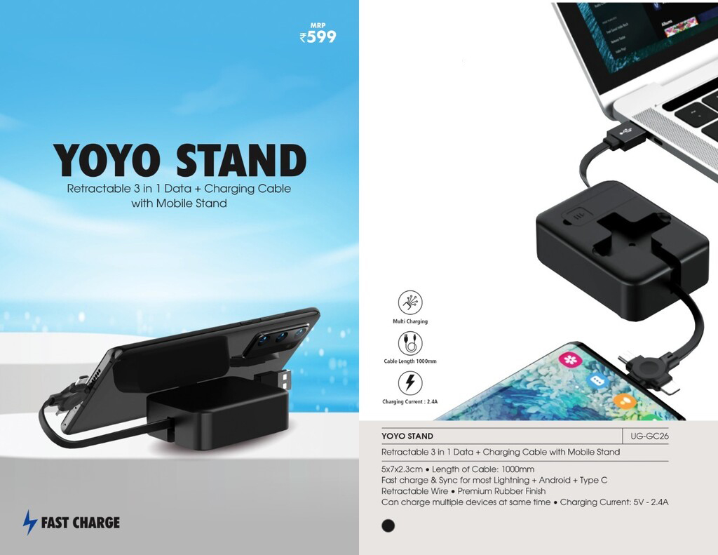 Yoyo Stand – Retractable 3-in-1 Data + Charging Cable With Mobile Stand